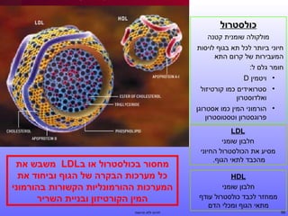 ‫סחי רמלוכולסטרול‬
‫מולקולה שומנית קטנה‬
‫חיוני ביותר לכל תא בגוף לויסות‬
‫המעבירות של קרום התא‬
‫חומר גלם ל:‬
‫• ויטמין ‪D‬‬
‫• סטרואידים כמו קורטיזול‬
‫ואלדוסטרון‬
‫• הורמוני המין כמו אסטרוגן‬
‫פרוגסטרון וטסטוסטרון‬
‫‪LDL‬‬
‫חלבון שומני‬
‫מסיע את הכולסטרול החיוני‬
‫מהכבד לתאי הגוף.‬
‫‪HDL‬‬
‫חלבון שומני‬
‫ממחזר לכבד כולסטרול עודף‬
‫מתאי הגוף ומכלי הדם‬
‫95‬

‫מחסור בסחי רמלוכולסטרול או ב‪ LDL‬משבש את‬
‫סחי רמלוכל מערסחי רמלוכות הבקרה של הגוף וביחוד את‬
‫המערסחי רמלוכות ההורמוןתנליות הקשורות בהורמוןתני‬
‫המין הקורטיזון ובןתניית השריר‬
‫לחיות ללא תרופות‬

 
