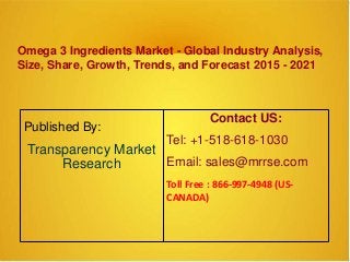 Omega 3 Ingredients Market - Global Industry Analysis,
Size, Share, Growth, Trends, and Forecast 2015 - 2021
Published By:
Transparency Market
Research
Contact US:
Tel: +1-518-618-1030
Email: sales@mrrse.com
Toll Free : 866-997-4948 (US-
CANADA)
 