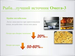 Крайне нестабильны
Легко окисляются при приготовлении
пищи, воздействии тепла или света
Потери при обжарке/ кипячении
20%ЭПК
Потери при жарке
50-60%ЭПК
Рыба...лучший источник Омега-3
 