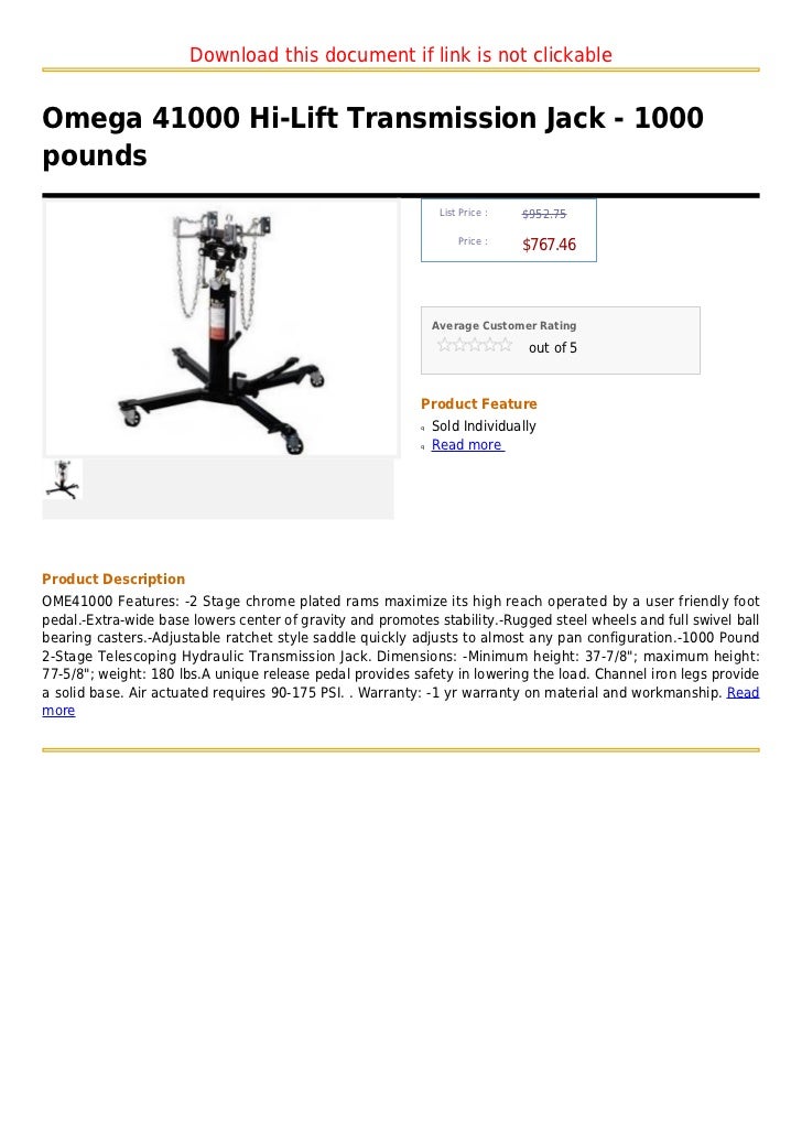 Omega 41000 hi lift transmission jack 1000 pounds
