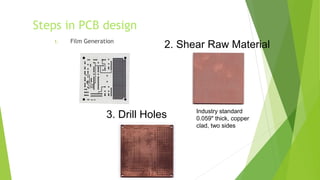 Steps in PCB design
1. Film Generation
2. Shear Raw Material
3. Drill Holes Industry standard
0.059" thick, copper
clad, t...