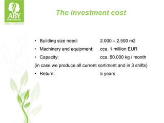 • Building size need: 2.000 – 2.500 m2
• Machinery and equipment: cca. 1 million EUR
• Capacity: cca. 50.000 kg / month
(in case we produce all current sortiment and in 3 shifts)
• Return: 5 years
The investment cost
 