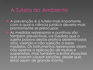 A prevenção é a tutela mais importante com a qual a ciência jurídica deveria mais prontamente se preocupar. As medidas repressoras e punitivas são também preventivas, na medida que o sujeito passivo destas pratica determinados atos, visando a não sujeição a essas medidas. Os instrumentos repressores visam não apenas a aplicação de multas e suspensões, mas também a evitar situações que possam causar sanções, desde que estas sejam de grande monta. 