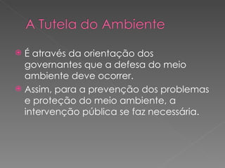É através da orientação dos governantes que a defesa do meio ambiente deve ocorrer. Assim, para a prevenção dos problemas e proteção do meio ambiente, a intervenção pública se faz necessária. 