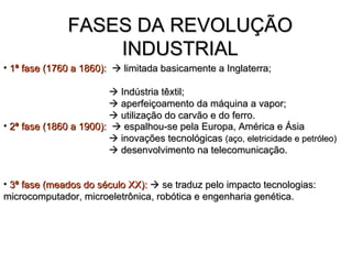 FASES DA REVOLUÇÃO INDUSTRIAL 1ª fase (1760 a 1860):     limitada basicamente a Inglaterra;     Indústria têxtil;     aperfeiçoamento da máquina a vapor;     utilização do carvão e do ferro. 2ª fase (1860 a 1900):     espalhou-se pela Europa, América e Ásia     inovações tecnológicas  (aço, eletricidade e petróleo)    desenvolvimento na telecomunicação. 3ª fase (meados do século XX):     se traduz pelo impacto tecnologias: microcomputador, microeletrônica, robótica e engenharia genética. 