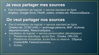 Quelques sites omeka
• Université de Rennes 2 : http://bibnum.univ-rennes2.fr
• Expositions - Digital Public Library of America; fédération de
bibliothèques, d’archives et de musées : http://dp.la/exhibitions
• Expositions - Europeana; 30 expositions réunissant des
documents provenant d’archives européennes : http://exhibitions.
europeana.eu/
• LHSP-AHP et Omeka :
• HISE Nancy
• Archives Bourbaki : Sources pour l'histoire
• Henri Poincaré : Du mathématicien au philosophe
• Le Bureau des Longitudes (1795-1932) - accessible en 2014
 