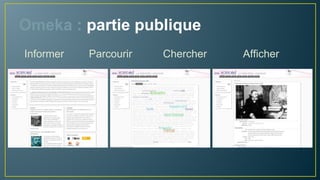 Omeka : partie publique
Informer Parcourir Chercher Afficher
 