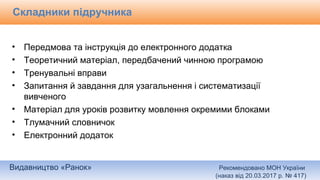 Видавництво «Ранок» Рекомендовано МОН України
(наказ від 20.03.2017 р. № 417)
Складники підручника
• Передмова та інструкція до електронного додатка
• Теоретичний матеріал, передбачений чинною програмою
• Тренувальні вправи
• Запитання й завдання для узагальнення і систематизації
вивченого
• Матеріал для уроків розвитку мовлення окремими блоками
• Тлумачний словничок
• Електронний додаток
 