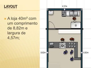 LAYOUT 
 A loja 40m² com 
um comprimento 
de 8,82m e 
largura de 
4,57m; 
 