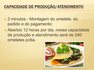 CAPACIDADE DE PRODUÇÃO/ATENDIMENTO 
 3 minutos - Montagem do omelete, do 
pedido e do pagamento; 
 Abertos 12 horas por dia, nossa capacidade 
de produção e atendimento será de 240 
omeletes p/dia. 
 