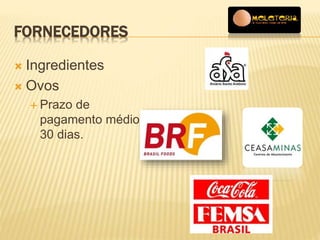 FORNECEDORES 
 Ingredientes 
 Ovos 
 Prazo de 
pagamento médio 
30 dias. 
 
