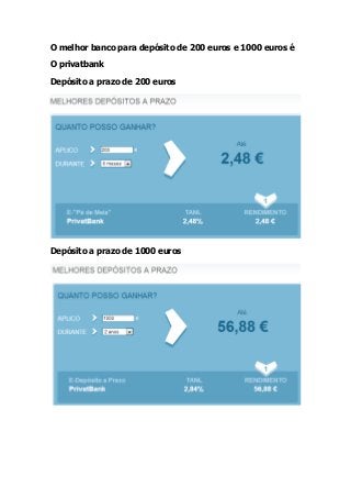 O melhor banco para depósito de 200 euros e 1000 euros é
O privatbank
Depósito a prazo de 200 euros
Depósito a prazo de 1000 euros
 