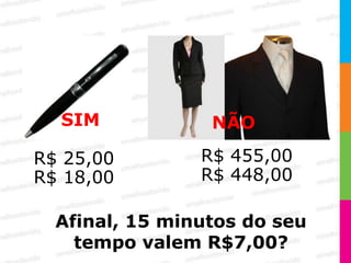 SIM            NÃO

R$ 25,00        R$ 455,00
R$ 18,00        R$ 448,00

  Afinal, 15 minutos do seu
    tempo valem R$7,00?
 
