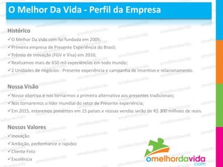 O Melhor Da Vida - Perfil da Empresa

Histórico
O Melhor Da Vida.com foi fundada em 2005;
Primeira empresa de Presente Experiência do Brasil;
Prêmio de Inovação (FGV e Visa) em 2010;
Realizamos mais de 650 mil experiências em todo mundo;
2 Unidades de negócios : Presente experiência e campanha de incentivo e relacionamento.


Nossa Visão
Nosso objetivo é nos tornarmos a primeira alternativa aos presentes tradicionais;
Nos tornaremos o líder mundial do setor de Presente experiência;
Em 2015, estaremos presentes em 15 países e nossas vendas serão de R$ 300 milhoes de reais.


Nossos Valores
Inovação
Ambição, performance e rapidez
Cliente Feliz
Excelência
 