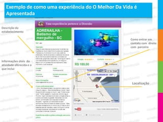 Exemplo de como uma experiência do O Melhor Da Vida é
   Apresentada

Descrição do
estabelecimento

                                                     Como entrar em
                                                     contato com direto
                                                     com parceiro



Informações úteis da
atividade oferecida e o
que inclui



                                                      Localização
 