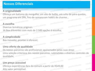 Nossos Diferenciais
A originalidade
Ofereça um batismo de mergulho, um vôo de balão, um salto de pára-quedas,
um programa em SPA, fins-de-semana em hotéis de charme…

A escolha
Diversas temáticas originais
16 Box diferentes com mais de 2.500 opções à escolha;

A simplicidade
Box inovador, prontas a oferecer;

Uma oferta de qualidade
Os nossos parceiros são profissionais apaixonados pelas suas áreas
Uma seleção criteriosa dos nossos parceiros, submetidos a diversos controles de
qualidade;

Um preço acessível
Ofereça experiências fora do comum a partir de R$49,00
Alto valor perceptível.
 