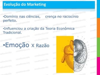 Evolução do Marketing

•Domínio nas ciências,   crença no raciocínio
perfeito.

•Influenciou a criação da Teoria Econômica
Tradicional.



•Emoção         X Razão
 