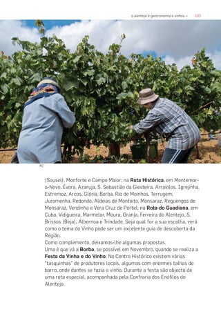 103o alentejo é gastronomia e vinhos «
(Sousel), Monforte e Campo Maior; na Rota Histórica, em Montemor-
o-Novo, Évora, Azaruja, S. Sebastião da Giesteira, Arraiolos, Igrejinha,
Estremoz, Arcos, Glória, Borba, Rio de Moinhos, Terrugem,
Juromenha, Redondo, Aldeias de Montoito, Monsaraz, Reguengos de
Monsaraz, Vendinha e Vera Cruz de Portel; na Rota do Guadiana, em
Cuba, Vidigueira, Marmelar, Moura, Granja, Ferreira do Alentejo, S.
Brissos (Beja), Albernoa e Trindade. Seja qual for a sua escolha, verá
como o tema do Vinho pode ser um excelente guia de descoberta da
Região.
Como complemento, deixamos-lhe algumas propostas.
Uma é que vá a Borba, se possível em Novembro, quando se realiza a
Festa da Vinha e do Vinho. No Centro Histórico existem várias
“tasquinhas” de produtores locais, algumas com enormes talhas de
barro, onde dantes se fazia o vinho. Durante a festa são objecto de
uma rota especial, acompanhada pela Confraria dos Enófilos do
Alentejo.
AC
 