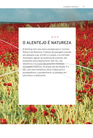 37o alentejo é natureza «
» » »
O ALENTEJO É NATUREZA
O Alentejo tem uma clara vocação para o Turismo
Activo e de Natureza. A beleza da paisagem convida
aos passeios a pé, em btt e a cavalo, e as estradas
municipais, apesar da ausência de ciclovias, são
excelentes para cicloturismo. Nos rios, nas
albufeiras e na costa são possíveis múltiplas
actividades naúticas. As praias são de eleição. E o
céu, com este fantástico clima, é ideal para o
paraquedismo, o parapentismo, os passeios em
ultra-leve e o balonismo.
 