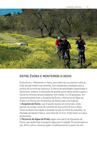 49o alentejo é natureza «
ENTRE ÉVORA E MONTEMOR-O-NOVO
O eixo Évora - Montemor-o- Novo, para além da sua enorme valia ao
nível do património monumental, tem excelentes condições para a
prática do turismo de natureza. A oferta de actividades organizadas é
apreciável, embora a realização de grande parte delas esteja sujeita a
números mínimos de participantes (em média, 4 a 10 pessoas). Em
autonomia pode fazer a Ecopista de Évora, o Percurso da Água da
Prata e os Percursos Ambientais do Monfurado e da Cabrela.
A Ecopista de Évora, cujo traçado resulta da conversão, ainda
parcial, do antigo ramal de caminho de ferro entre Évora e Mora,
inicia-se dentro da cidade e estende-se até ao limite do concelho, na
Herdade da Sempre Noiva, num total de 21 kms. Pode fazer-se a pé e
de bicicleta.
O Percurso da Água da Prata segue uma parte do Aqueduto de
Évora, que ainda hoje transporta água para a cidade. Foi construído no
séc. XVI e sofreu reconstruções e melhoramentos a partir do séc.
 