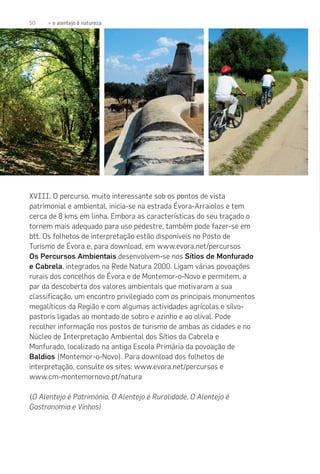 50 » o alentejo é natureza
XVIII. O percurso, muito interessante sob os pontos de vista
patrimonial e ambiental, inicia-se na estrada Évora-Arraiolos e tem
cerca de 8 kms em linha. Embora as características do seu traçado o
tornem mais adequado para uso pedestre, também pode fazer-se em
btt. Os folhetos de interpretação estão disponíveis no Posto de
Turismo de Évora e, para download, em www.evora.net/percursos
Os Percursos Ambientais desenvolvem-se nos Sítios de Monfurado
e Cabrela, integrados na Rede Natura 2000. Ligam várias povoações
rurais dos concelhos de Évora e de Montemor-o-Novo e permitem, a
par da descoberta dos valores ambientais que motivaram a sua
classificação, um encontro privilegiado com os principais monumentos
megalíticos da Região e com algumas actividades agrícolas e silvo-
pastoris ligadas ao montado de sobro e azinho e ao olival. Pode
recolher informação nos postos de turismo de ambas as cidades e no
Núcleo de Interpretação Ambiental dos Sítios da Cabrela e
Monfurado, localizado na antiga Escola Primária da povoação de
Baldios (Montemor-o-Novo). Para download dos folhetos de
interpretação, consulte os sites: www.evora.net/percursos e
www.cm-montemornovo.pt/natura
(O Alentejo é Património, O Alentejo é Ruralidade, O Alentejo é
Gastronomia e Vinhos)
 