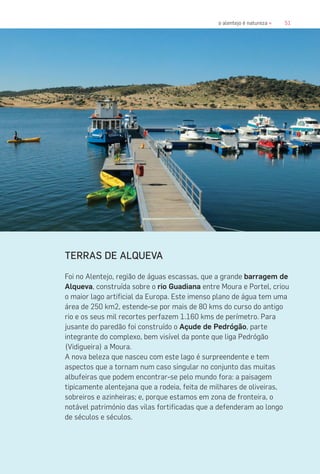 51o alentejo é natureza «
TERRAS DE ALQUEVA
Foi no Alentejo, região de águas escassas, que a grande barragem de
Alqueva, construída sobre o rio Guadiana entre Moura e Portel, criou
o maior lago artificial da Europa. Este imenso plano de água tem uma
área de 250 km2, estende-se por mais de 80 kms do curso do antigo
rio e os seus mil recortes perfazem 1.160 kms de perímetro. Para
jusante do paredão foi construído o Açude de Pedrógão, parte
integrante do complexo, bem visível da ponte que liga Pedrógão
(Vidigueira) a Moura.
A nova beleza que nasceu com este lago é surpreendente e tem
aspectos que a tornam num caso singular no conjunto das muitas
albufeiras que podem encontrar-se pelo mundo fora: a paisagem
tipicamente alentejana que a rodeia, feita de milhares de oliveiras,
sobreiros e azinheiras; e, porque estamos em zona de fronteira, o
notável património das vilas fortificadas que a defenderam ao longo
de séculos e séculos.
 
