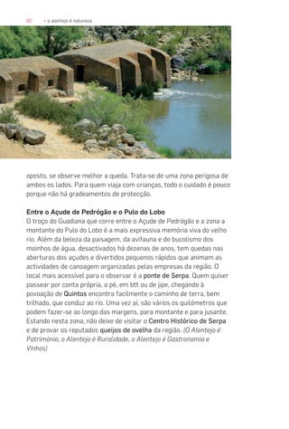 60 » o alentejo é natureza
oposto, se observe melhor a queda. Trata-se de uma zona perigosa de
ambos os lados. Para quem viaja com crianças, todo o cuidado é pouco
porque não há gradeamentos de protecção.
Entre o Açude de Pedrógão e o Pulo do Lobo
O troço do Guadiana que corre entre o Açude de Pedrógão e a zona a
montante do Pulo do Lobo é a mais expressiva memória viva do velho
rio. Além da beleza da paisagem, da avifauna e do bucolismo dos
moinhos de água, desactivados há dezenas de anos, tem quedas nas
aberturas dos açudes e divertidos pequenos rápidos que animam as
actividades de canoagem organizadas pelas empresas da região. O
local mais acessível para o observar é a ponte de Serpa. Quem quiser
passear por conta própria, a pé, em btt ou de jipe, chegando à
povoação de Quintos encontra facilmente o caminho de terra, bem
trilhado, que conduz ao rio. Uma vez aí, são vários os quilómetros que
podem fazer-se ao longo das margens, para montante e para jusante.
Estando nesta zona, não deixe de visitar o Centro Histórico de Serpa
e de provar os reputados queijos de ovelha da região. (O Alentejo é
Património, o Alentejo é Ruralidade, o Alentejo é Gastronomia e
Vinhos)
 