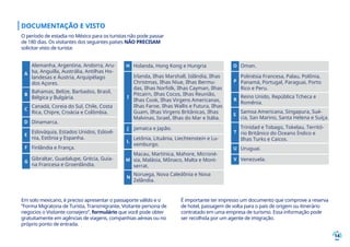 14
DOCUMENTAÇÃO E VISTO
O período de estadia no México para os turistas não pode passar
de 180 dias. Os visitantes dos seguintes países NÃO PRECISAM
solicitar visto de turista:
Em solo mexicano, é preciso apresentar o passaporte válido e o
“Forma Migratoria de Turista, Transmigrante, Visitante persona de
negocios o Visitante consejero”, formulário que você pode obter
gratuitamente em agências de viagens, companhias aéreas ou no
próprio ponto de entrada.
É importante ter impresso um documento que comprove a reserva
de hotel, passagem de volta para o país de origem ou itinerário
contratado em uma empresa de turismo. Essa informação pode
ser recolhida por um agente de imigração.
A
Alemanha, Argentina, Andorra, Aru-
ba, Anguilla, Austrália, Antilhas Ho-
landesas e Áustria, Arquipélago
dos Açores.
B
Bahamas, Belize, Barbados, Brasil,
Bélgica y Bulgária.
C
E
Canadá, Coreia do Sul, Chile, Costa
Rica, Chipre, Croácia e Colômbia.
D Dinamarca.
F Finlândia e França.
Eslováquia, Estados Unidos, Eslovê-
nia, Estônia y Espanha.
G
Gibraltar, Guadalupe, Grécia, Guia-
na Francesa e Groenlândia.
H Holanda, Hong Kong e Hungria
I
Irlanda, Ilhas Marshall, Islândia, Ilhas
Christmas, Ilhas Niue, Ilhas Bermu-
das, Ilhas Norfolk, Ilhas Cayman, Ilhas
Pitcairn, Ilhas Cocos, Ilhas Reunião,
Ilhas Cook, Ilhas Virgens Americanas,
Ilhas Faroe, Ilhas Wallis e Futura, Ilhas
Guam, Ilhas Virgens Britânicas, Ilhas
Malvinas, Israel, Ilhas do Mar e Itália.
J Jamaica e Japão.
A
A
A
A
A
L
N
Letônia, Lituânia, Liechtenstein e Lu-
xemburgo.
M
AS
Noruega, Nova Caledônia e Nova
Zelândia.
O Oman.
Macau, Martinica, Mahore, Microné-
sia, Malásia, Mônaco, Malta e Mont-
serrat.
P
Polinésia Francesa, Palau, Polônia,
Panamá, Portugal, Paraguai, Porto
Rico e Peru.
Reino Unido, República Tcheca e
Romênia.
Samoa Americana, Singapura, Sué-
cia, San Marino, Santa Helena e Suíça.
T
Trinidad e Tobago, Tokelau, Territó-
rio Britânico do Oceano Índico e
Ilhas Turks e Caicos.
U Uruguai.
V Venezuela.
R
 