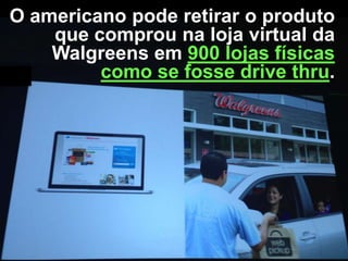 O americano pode retirar o produto
que comprou na loja virtual da
Walgreens em 900 lojas físicas
como se fosse drive thru.

 