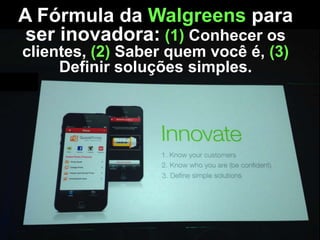 A Fórmula da Walgreens para
ser inovadora: (1) Conhecer os
clientes, (2) Saber quem você é, (3)
Definir soluções simples.

 