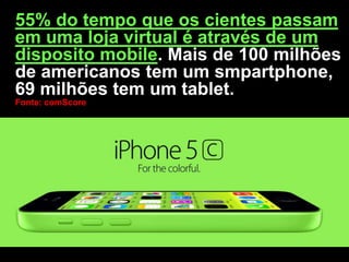 55% do tempo que os cientes passam
em uma loja virtual é através de um
disposito mobile. Mais de 100 milhões
de americanos tem um smpartphone,
69 milhões tem um tablet.
Fonte: comScore

 