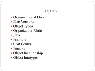 Topics
 Organizational Plan
 Plan Versions
 Object Types
 Organization Units
 Jobs
 Position
 Cost Center
 Persons
 Object Relationship
 Object Infotypes
 