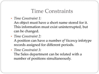 Time Constraints
• Time Constraint 1:
An object must have a short name stored for it.
This information must exist uninterrupted, but
can be changed.
• Time Constraint 2:
A position can have a number of Vacancy infotype
records assigned for different periods.
• Time Constraint 3:
The Sales department can be related with a
number of positions simultaneously.
 