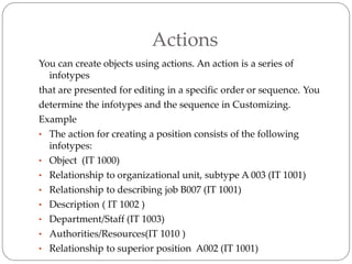 Actions
You can create objects using actions. An action is a series of
infotypes
that are presented for editing in a specific order or sequence. You
determine the infotypes and the sequence in Customizing.
Example
• The action for creating a position consists of the following
infotypes:
• Object (IT 1000)
• Relationship to organizational unit, subtype A 003 (IT 1001)
• Relationship to describing job B007 (IT 1001)
• Description ( IT 1002 )
• Department/Staff (IT 1003)
• Authorities/Resources(IT 1010 )
• Relationship to superior position A002 (IT 1001)
 