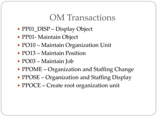 OM Transactions
 PP01_DISP – Display Object
 PP01- Maintain Object
 PO10 – Maintain Organization Unit
 PO13 – Maintain Position
 PO03 – Maintain Job
 PPOME – Organization and Staffing Change
 PPOSE – Organization and Staffing Display
 PPOCE – Create root organization unit
 