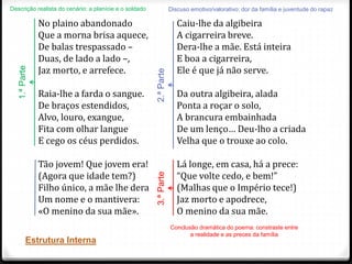 No plaino abandonado
Que a morna brisa aquece,
De balas trespassado –
Duas, de lado a lado –,
Jaz morto, e arrefece.
Raia-lhe a farda o sangue.
De braços estendidos,
Alvo, louro, exangue,
Fita com olhar langue
E cego os céus perdidos.
Tão jovem! Que jovem era!
(Agora que idade tem?)
Filho único, a mãe lhe dera
Um nome e o mantivera:
«O menino da sua mãe».
Caiu-lhe da algibeira
A cigarreira breve.
Dera-lhe a mãe. Está inteira
E boa a cigarreira,
Ele é que já não serve.
Da outra algibeira, alada
Ponta a roçar o solo,
A brancura embainhada
De um lenço… Deu-lho a criada
Velha que o trouxe ao colo.
Lá longe, em casa, há a prece:
“Que volte cedo, e bem!”
(Malhas que o Império tece!)
Jaz morto e apodrece,
O menino da sua mãe.
1.ªParte
2.ªParte3.ªParte
Descrição realista do cenário: a planície e o soldado Discuso emotivo/valorativo: dor da família e juventude do rapaz
Conclusão dramática do poema: constraste entre
a realidade e as preces da família
Estrutura Interna
 