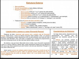 Estrutura Externa
• Seis quintilhas;
• Versos hexassilábicos (seis sílabas métricas);
• Esquema rimático: a b a a b;
• Trata-se de um poema de base narrativa, com:
• Rima cruzada entre os 1.º e 3.º versos de cada estrofe;
• Rima interpolada entre os 2.º e 5º versos de cada estrofe;
• Rima emparelhada entre os 3.º e 4.º versos de cada estrofe;
• Rima pobre entre os versos 1 e 3 (“abandonado” e “trespassado”), por exemplo;
• Rima rica entre os versos 6 e 8 (“sangue” e “exangue”), por exemplo.
• Narrador: o sujeito poético (subjetivo; emite juízos de valor);
• Ação: a morte do soldado;
• Personagens: soldado, mãe, criada e Império;
• Espaço: “plaino abandonado” (verso 1) / “lá longe, em casa” (verso 26).
Ligação entre o poema e o autor (Fernando Pessoa)
Podemos, de facto, relacionar este poema com a própria vida de Fernando
Pessoa. Desta forma, o tema da infância enquanto idade perfeita e feliz, um paraíso
perdido e irrecuperável, poderá relacionar-se com os seus primeiros cinco anos de vida,
marcados pela felicidade, amor, bem-estar e proteção que a família lhe proporcionava:
vivia com a presença do pai, da mãe, das duas velhas criadas e da avó.
No entanto, o seu pai morre. Mais tarde morre o irmão, o que o faz sentir novamente
o amor e o carinho maternos. Apesar disso, esses sentimentos acabam por ser efémeros
visto que a sua mãe se apaixona por outro homem e ele terá que abandonar Portugal e ir
viver para a África do Sul.
Assim sendo, a morte do soldado poderá relacionar-se com a morte do pai ou
do irmão, e a angústia de querer voltar ao passado poderá relacionar-se com a
mesma angústia que ele sente ao desejar voltar a ter a sua família unida e feliz
como antigamente.
Características do Ortónimo
Ao longo deste poema, deparamo-nos com
características do ortónimo que são
transversais aos restantes poemas da sua
autoria.
A infância, por exemplo, símbolo da
inocência, da inconsciência, da felicidade e da
alegria – neste poema, simbolizados pela
cigarreira, pelo lenço e pelas representações do
passado vivido junto da família –, acaba por se
representar como algo longínquo e
irrecuperável, o que gera nostalgia e um
contraste com a consciência dos tempos de
adulto que provoca dor, bem como a
sensação de desconhecimento de si mesmo
e de perda da identidade.
 