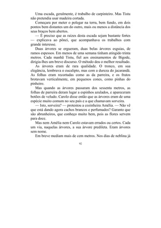 92
Uma escada, geralmente, é trabalho de carpinteiro. Mas Tistu
não pretendia usar madeira cortada.
Começara por meter o polegar na terra, bem fundo, em dois
pontos bem distantes um do outro, mais ou menos a distância dos
seus braços bem abertos.
— É preciso que as raízes desta escada sejam bastante fortes
— explicava ao pônei, que acompanhava os trabalhos com
grande interesse.
Duas árvores se ergueram, duas belas árvores esguias, de
ramos espessos. Em menos de uma semana tinham atingido trinta
metros. Cada manhã Tistu, fiel aos ensinamentos de Bigode,
dirigia-lhes um breve discurso. O método deu o melhor resultado.
As árvores eram de rara qualidade. O tronco, em sua
elegância, lembrava o eucalipto, mas com a dureza do jacarandá.
As folhas eram recortadas como as da parreira, e os frutos
brotavam verticalmente, em pequenos cones, como pinhas do
pinheiro.
Mas quando as árvores passaram dos sessenta metros, as
folhas de parreira deram lugar a espinhos azulados, e apareceram
botões de veludo. Carolo disse então que as árvores eram de uma
espécie muito comum no seu país e a que chamavam sorveira.
— Isto, sorveira? — protestou a cozinheira Amélia. — Não vê
que está dando agora cachos brancos e perfumados? Garanto que
são abrunheiros, que conheço muito bem, pois as flores servem
para doce.
Mas nem Amélia nem Carolo estavam errados ou certos. Cada
um via, naquelas árvores, a sua árvore predileta. Eram árvores
sem nome.
Em breve mediam mais de cem metros. Nos dias de neblina já
 