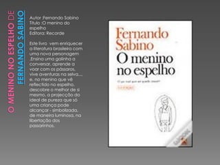 Autor :Fernando Sabino
Titulo :O menino do
espelho
Editora: Recorde

Este livro vem enriquecer
a literatura brasileira com
uma nova personagem
.Ensina uma galinha a
conversar, aprende a
voar com os pássaros,
vive aventuras na selva...,
e, no menino que vê
reflectido no espelho,
descobre o melhor de si
mesmo, a projecção do
ideal de pureza que só
uma criança pode
alcançar - simbolizada,
de maneira luminosa, na
libertação dos
passarinhos.
 