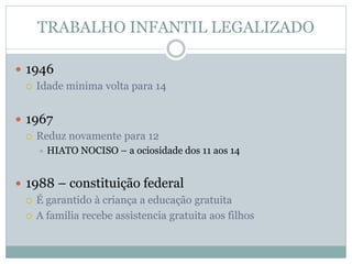 TRABALHO INFANTIL LEGALIZADO
 1946
 Idade minima volta para 14
 1967
 Reduz novamente para 12
 HIATO NOCISO – a ociosidade dos 11 aos 14
 1988 – constituição federal
 É garantido à criança a educação gratuita
 A familia recebe assistencia gratuita aos filhos
 