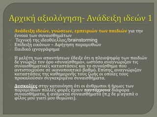 Ανάδειξη ιδεών, γνώσεων, εμπειριών των παιδιών για την 
έννοια των συναισθημάτων 
 Τεχνική της ιδεοθύελλας/brainstorming 
 Επίδειξη εικόνων – Αφήγηση παραμυθιών 
 Παιδικό ιχνογράφημα 
Η μελέτη των απαντήσεων έδειξε ότι η πλειοψηφία των παιδιών 
δε γνώριζε τον όρο «συναίσθημα», ωστόσο αναγνώριζαν τις 
συναισθηματικές καταστάσεις και το συναίσθημα που 
αντιστοιχούσε σε ικανοποιητικό βαθμό. Επίσης, αναγνώριζαν 
καταστάσεις της καθημερινής τους ζωής οι οποίες τους 
προκαλούσαν συγκεκριμένα συναισθήματα. 
Δυσκολίες στην κατανόηση ότι οι άνθρωποι ή ήρωες των 
παραμυθιών πολλές φορές έχουν ταυτόχρονα διάφορα 
συναισθήματα, ή ανάμικτα συναισθήματα (π.χ δε μ’αγαπά ο 
φίλος μου γιατί μου θυμώνει). 
 