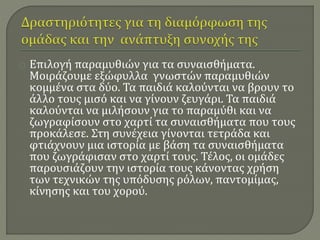 Επιλογή παραμυθιών για τα συναισθήματα. 
Μοιράζουμε εξώφυλλα γνωστών παραμυθιών 
κομμένα στα δύο. Τα παιδιά καλούνται να βρουν το 
άλλο τους μισό και να γίνουν ζευγάρι. Τα παιδιά 
καλούνται να μιλήσουν για το παραμύθι και να 
ζωγραφίσουν στο χαρτί τα συναισθήματα που τους 
προκάλεσε. Στη συνέχεια γίνονται τετράδα και 
φτιάχνουν μια ιστορία με βάση τα συναισθήματα 
που ζωγράφισαν στο χαρτί τους. Τέλος, οι ομάδες 
παρουσιάζουν την ιστορία τους κάνοντας χρήση 
των τεχνικών της υπόδυσης ρόλων, παντομίμας, 
κίνησης και του χορού. 
 