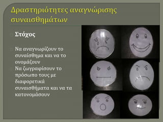 Στόχος 
Να αναγνωρίζουν το 
συναίσθημα και να το 
ονομάζουν 
Να ζωγραφίσουν το 
πρόσωπο τους με 
διαφορετικά 
συναισθήματα και να τα 
κατονομάσουν 
 