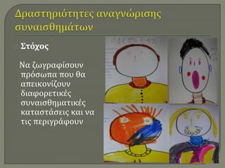 Στόχος 
Να ζωγραφίσουν 
πρόσωπα που θα 
απεικονίζουν 
διαφορετικές 
συναισθηματικές 
καταστάσεις και να 
τις περιγράφουν 
 