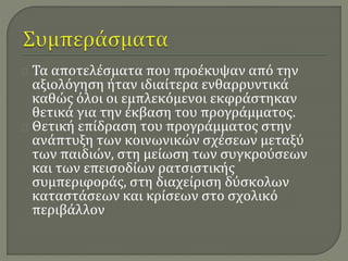 Τα αποτελέσματα που προέκυψαν από την 
αξιολόγηση ήταν ιδιαίτερα ενθαρρυντικά 
καθώς όλοι οι εμπλεκόμενοι εκφράστηκαν 
θετικά για την έκβαση του προγράμματος. 
Θετική επίδραση του προγράμματος στην 
ανάπτυξη των κοινωνικών σχέσεων μεταξύ 
των παιδιών, στη μείωση των συγκρούσεων 
και των επεισοδίων ρατσιστικής 
συμπεριφοράς, στη διαχείριση δύσκολων 
καταστάσεων και κρίσεων στο σχολικό 
περιβάλλον 
 