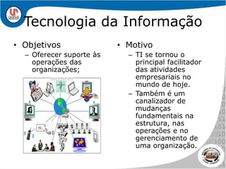 Tecnologia da InformaçãoObjetivosOferecer suporte às operações das organizações;MotivoTI se tornou o principal facilitador das atividades empresariais no mundo de hoje.Também é um canalizador de mudanças fundamentais na estrutura, nas operações e no gerenciamento de uma organização.