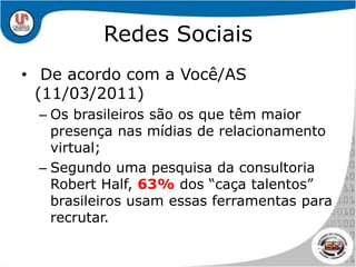 Redes Sociais De acordo com a Você/AS (11/03/2011) Os brasileiros são os que têm maior presença nas mídias de relacionamento virtual;Segundo uma pesquisa da consultoria Robert Half, 63% dos “caça talentos” brasileiros usam essas ferramentas para recrutar.