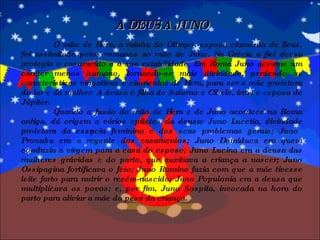 A DEUSA JUNO O mito de Hera, a rainha do Olimpo, esposa ciumenta de Zeus, foi assimilado pelos romanos ao mito de Juno. Na Grécia a fiel deusa protegia o casamento e a sua estabilidade. Em Roma Juno assume um caráter menos humano, tornando-se mais divindade, perdendo as características vingativas e ciumentas de Hera, para ser a mãe protetora do lar e da mulher. A deusa é filha de Saturno e Cibele, irmã e esposa de Júpiter.  Quando a fusão do mito de Hera e de Juno acontece na Roma antiga, dá origem a vários epítetos da deusa: Juno Lucetia, divindade protetora da essência feminina e dos seus problemas gerais; Juno Pronuba era a regente dos casamentos; Juno Domiduca era quem conduzia a virgem para a casa do esposo; Juno Lucina era a deusa das mulheres grávidas e do parto, que auxiliava a criança a nascer; Juno Ossipagina fortificava o feto; Juno Rumina fazia com que a mãe tivesse leite farto para nutrir o recém-nascido; Juno Populonia era a deusa que multiplicava os povos; e, por fim, Juno Sospita, invocada na hora do parto para aliviar a mãe do peso da criança. 