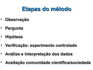 Etapas do método
• Observação

• Pergunta

• Hipótese

• Verificação: experimento controlado

• Análise e interpretação dos dados

• Aceitação comunidade científica/sociedade
 