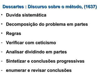 Descartes : Discurso sobre o método, (1637)
• Duvida sistemática

• Decomposição do problema em partes

• Regras

- Verificar com ceticismo

- Analisar dividindo em partes

- Sintetizar e conclusões progressivas

- enumerar e revisar conclusões
 